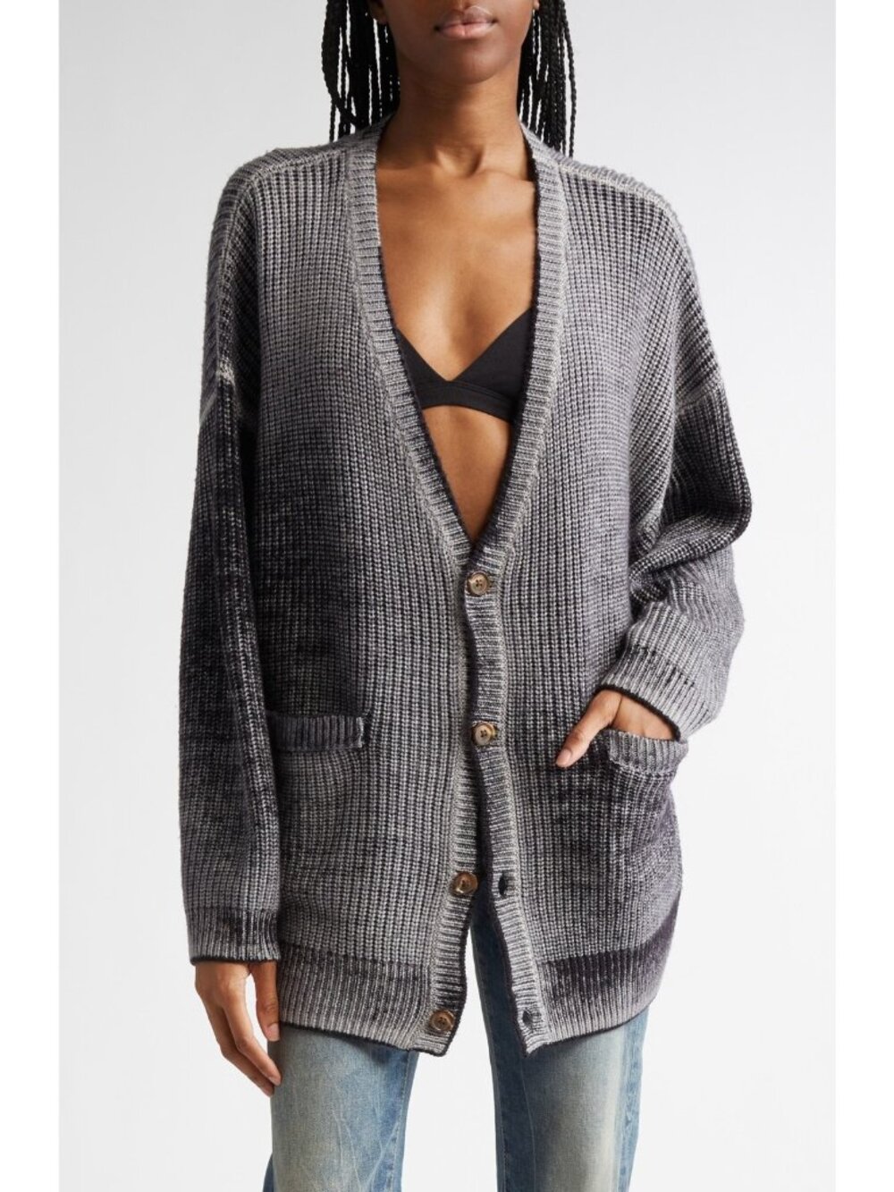 R13 Women's Merino Wool V-Neck Oversized Knit Cardigan Distressed Black Size S